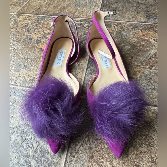 Jimmy Choo Rosa Flat Madeline Suede Pointy Toe With Clip On Pom Poms Purple 40/9